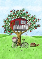 Postkarte Baumhaus im Apfelbaum